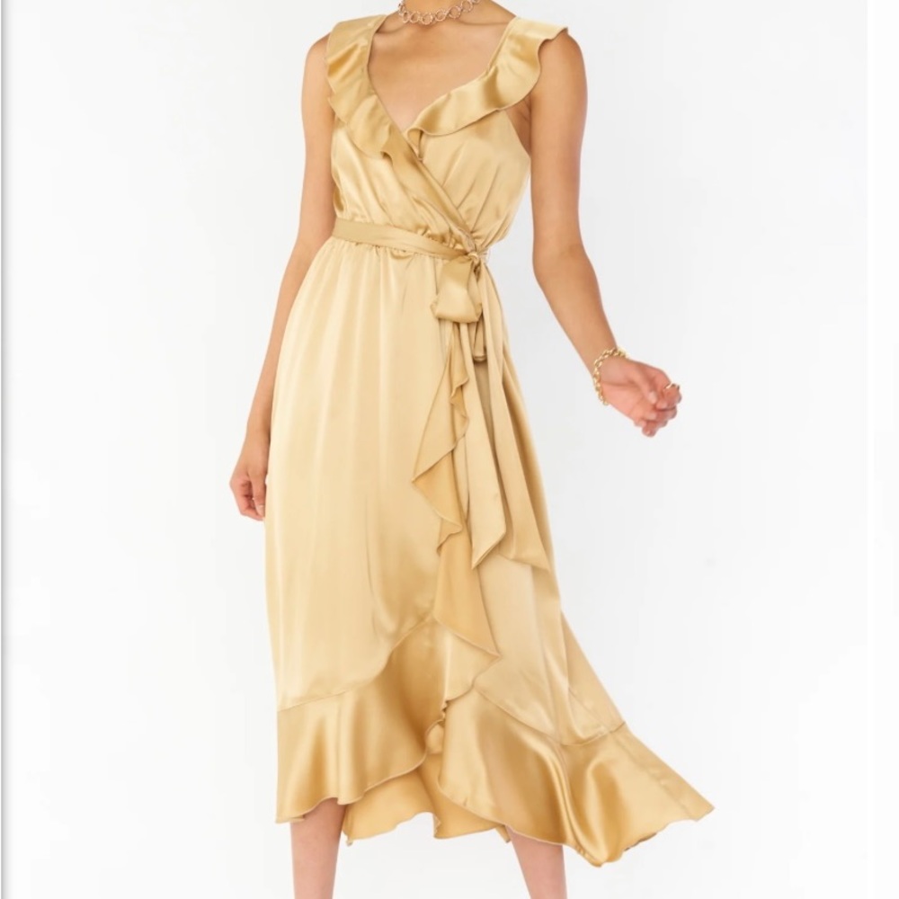 NWT Show Me Your Mumu Samantha Ruffle Wrap True Gold Luxe Satin Dress Large
